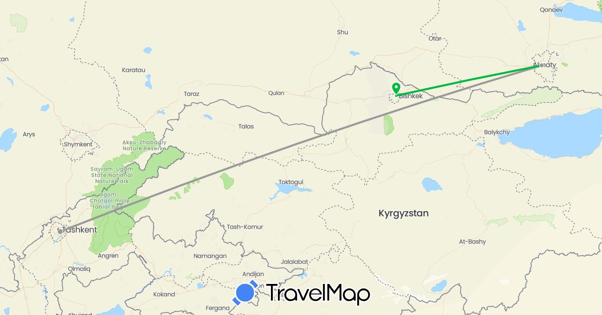 TravelMap itinerary: driving, bus, plane in Kyrgyzstan, Kazakhstan, Uzbekistan (Asia)